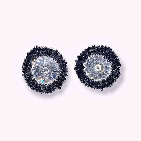 Vintage Swarovski Crystal Rivoli with black glass beaded earrings pierced art… - Picture 2 of 5